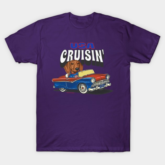 Funny and Cute Doxie Dachshund Dog driving a vintage auto cruising the USA T-Shirt by Danny Gordon Art